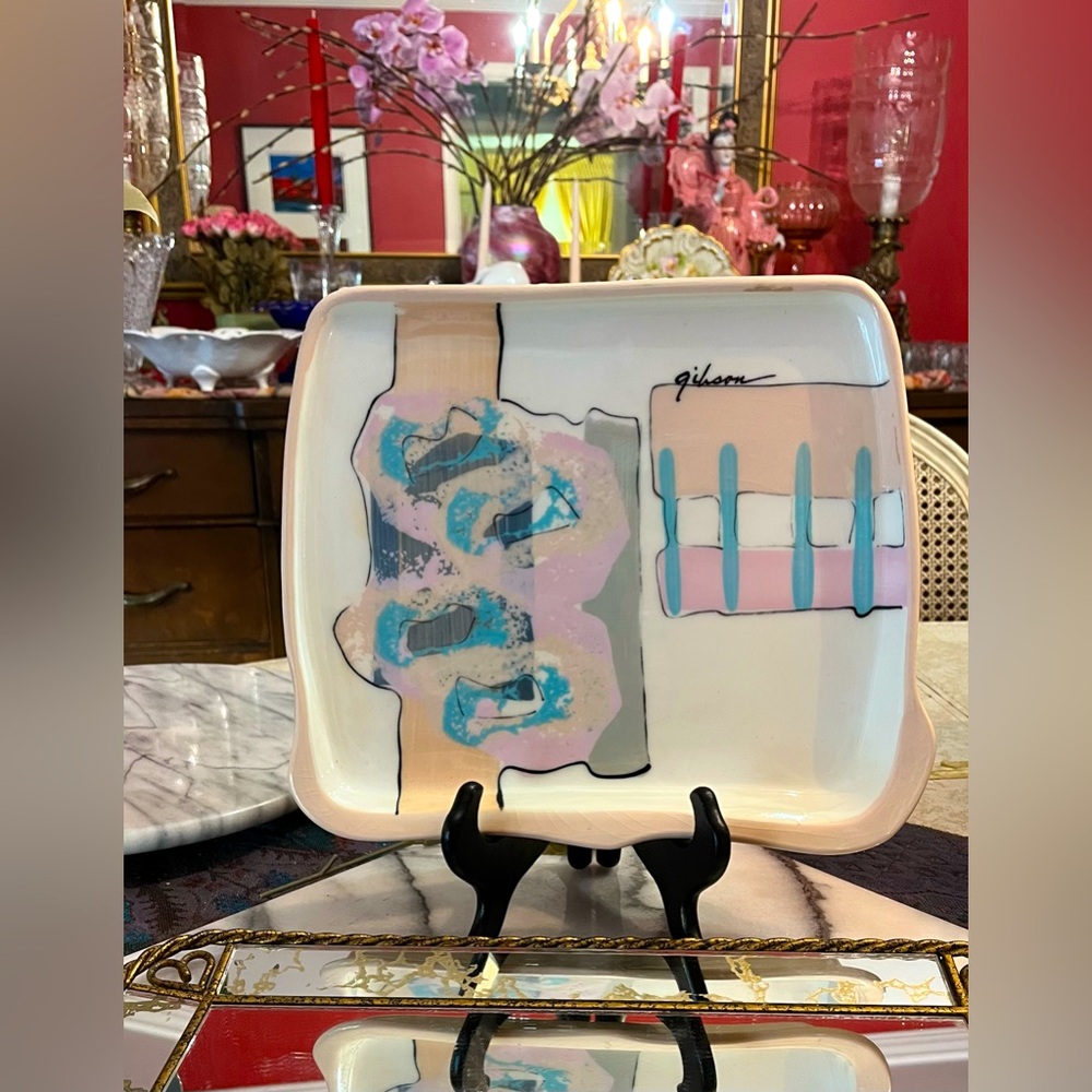 Rare: 1980's Gibson Modernist Art Pottery Hand Painted Serving Dish, Signed